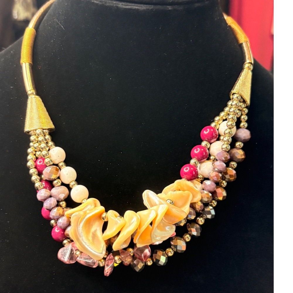 Gold Tone Multi 4 Strand, Mauve, Shell, White and Pink, Statement Necklack